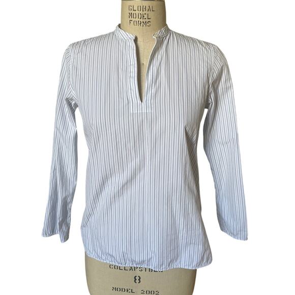 Everlane Pop Over Notch Collar Blue White Stripe 3/4 Sleeve Blouse Size 2 - Picture 1 of 8